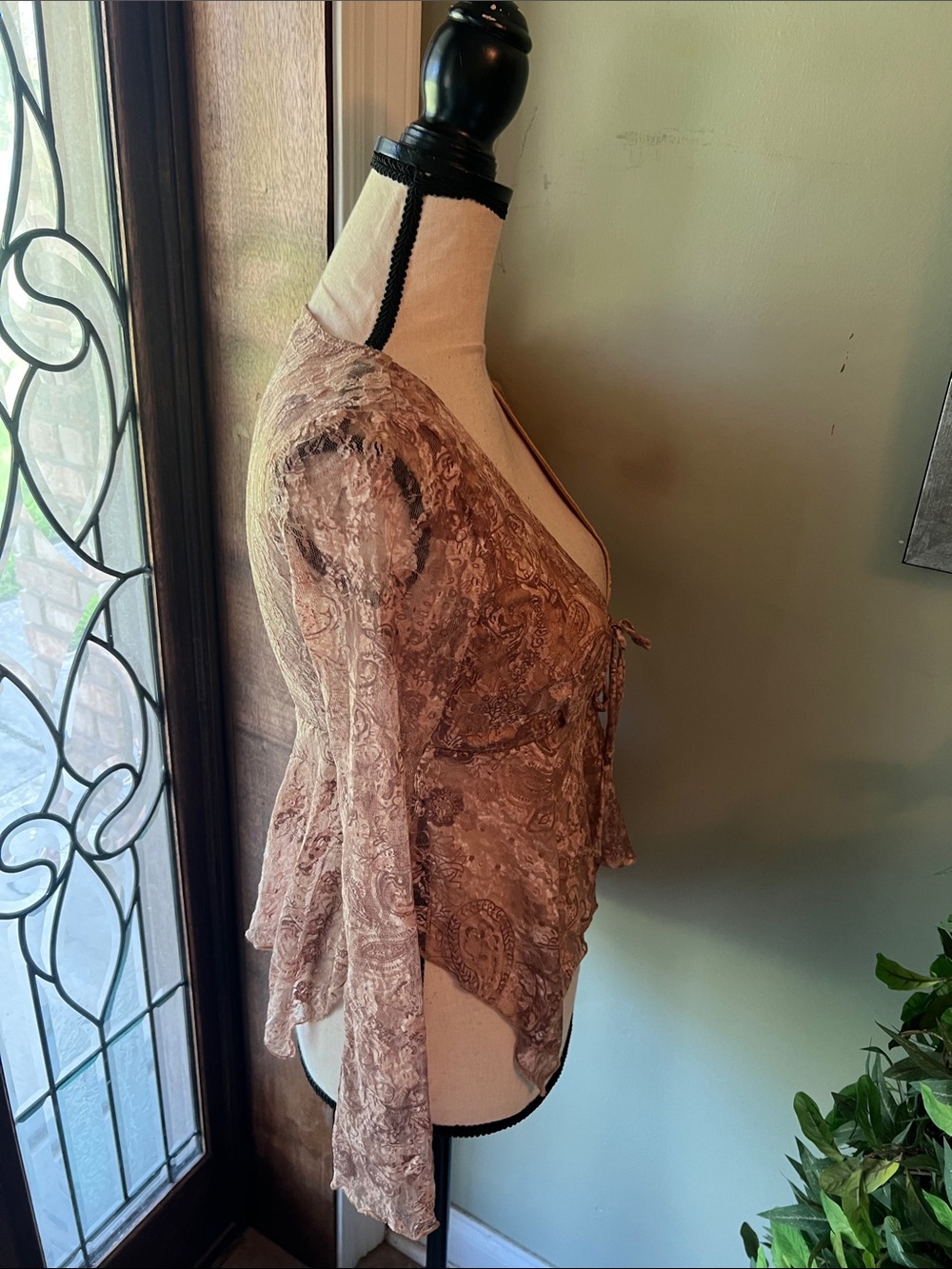 Madden Girl Taupe Lace-Texture Deep V Tie-Front Blouse - Picture 5 of 7